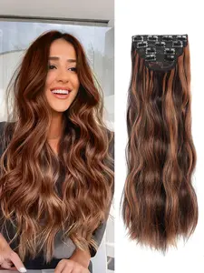 4PCS Clip in Hair Extensions 20 Inch Nut Brown Mixed Reddish Brown Long Body Wavy Synthetic Hairpieces for Women Daily Use Soft Synthetic Hair Lightweight Individual Extensions