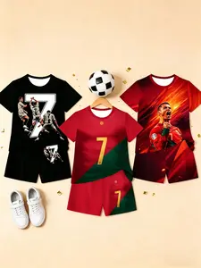 Boys' Ronaldo Portugal Theme Sport Set, Sports Suit, 7-Number Star Short Sleeve Shorts, Soccer Shorts, Fashion Outdoor Sports, Birthday Gift, Holiday Gift, Soccer Jersey Set