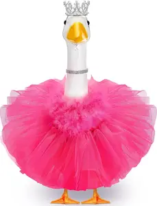 4 Pcs Princess Porch Goose Outfit for 23" Cement Lawn Goose Costume Crown Necklace Tutu Skirt Feather Trim for Princess Outdoor Garden Lawn Art Decor