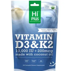 Vitamin D3 K2 Supplement Infused with Coconut Oil 300 Softgels Immune Support & Bone Health Natural Extra Strength Healthcare Fitness vitamins women hundred muscle Healthy Gut Dietary Green Bathroom Daily Nature