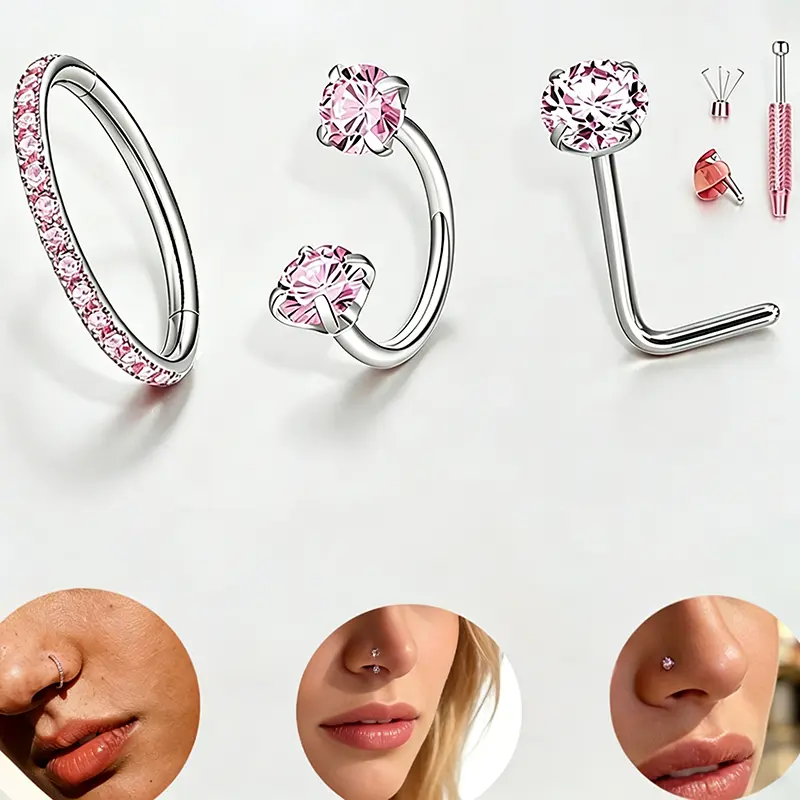 3PCS 18G 8mm Pink Nose Rings for Women,316L Surgical-Grade Titanium Steel Hinge Nose Hoop Horseshoe Nose Rings with Free Gem Picker,Perfect Zircon Nose Piercing Jewelry Kit