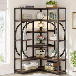 Tribesigns Large 7-Shelf L-Shaped Corner Bookcase for Living Room and Office with Metal Frame, Rustic Brown