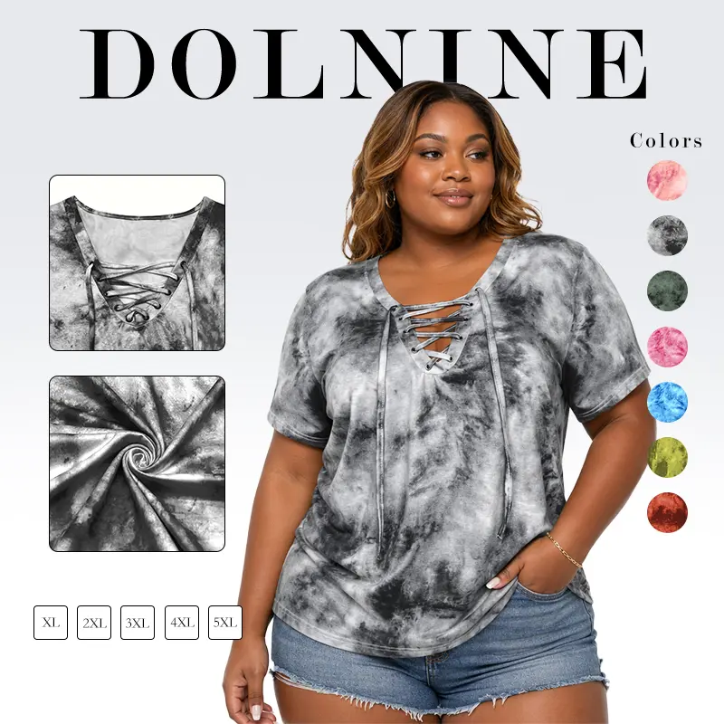 DOLNINE Women's Plus Size Casual Soft Short-Sleeve Tee Blouse - Lightweight, Comfy V-Neck Tunic with Bow-Front Lace-Up Front, Tie Dye for Beach Wear