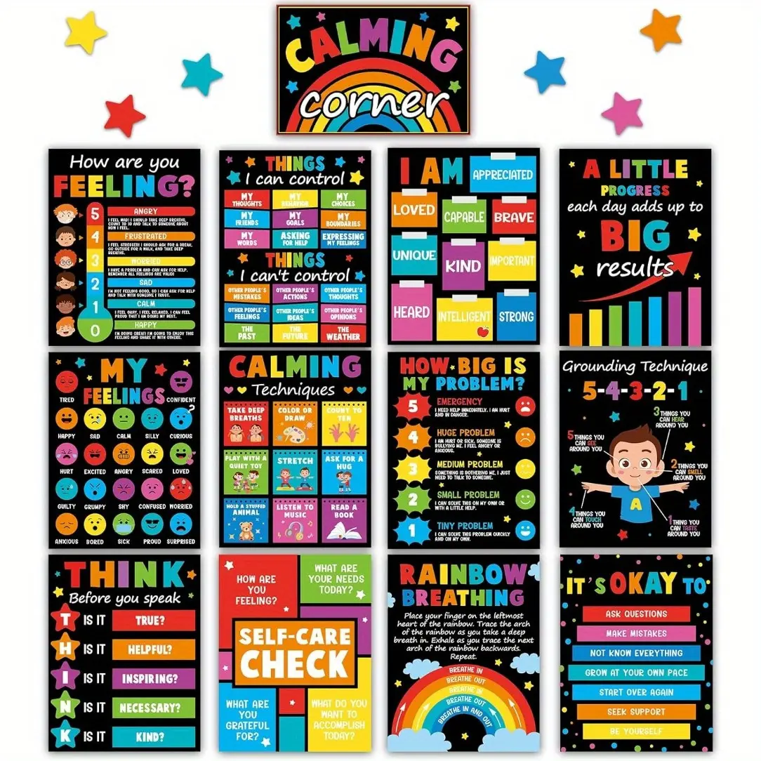 2D Flat 13pcs Frameless Colorful Calming Corner Posters for Classroom Supplies Charts Calm Down Corner Educational Emotion Posters Feeling Management Mental Health Posters Back to School Bulletin Board Wall Decor 8*10inches Classroom Decoration