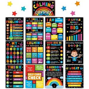 2D Flat 13pcs Frameless Colorful Calming Corner Posters for Classroom Supplies Charts Calm Down Corner Educational Emotion Posters Feeling Management Mental Health Posters Back to School Bulletin Board Wall Decor 8*10inches