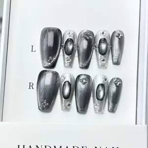 10pcs Luxury Silver Color Metal Cat Eye Press on Nails, Futuristic Rhinestone Decor, Removable Reusable Manicure for Daily & Party Wear