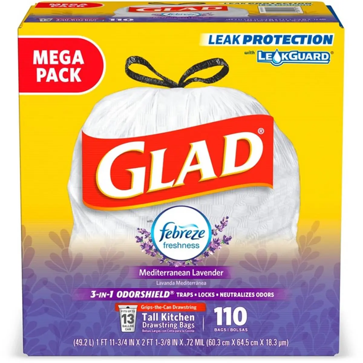 Clorox CLO79157 13-gal Plastic Leak-Proof Glad OdorShield Lavender Scented Drawstring Trash Bags, Room-Use, 110 per Box