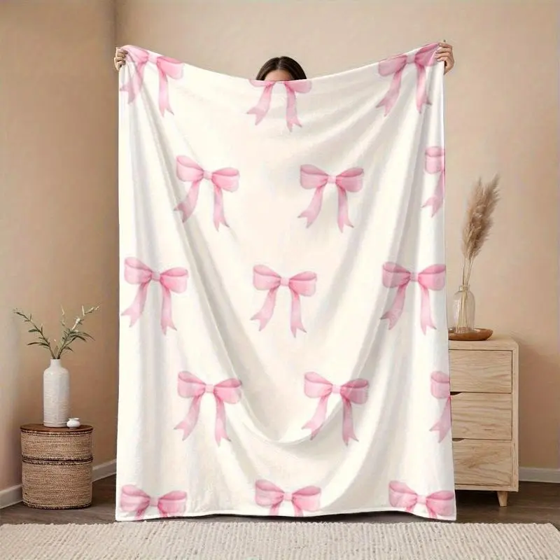 Bowknot Print Flannel Throw Blanket - Cozy, Vintage-Inspired Design with Pink Bows on White, All-Season Comfort, Machine Washable, Decorative Giftable Blankets for Home, Camping, Halloween Decor, Cozy Throw Blanket