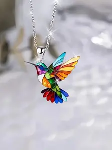 Vibrant Hummingbird Pendant Necklace, Colorful Acrylic Clavicle Chain with Copper-Tone Metal Accents, Durable Jewelry for Women, Modern Versatile Accessories