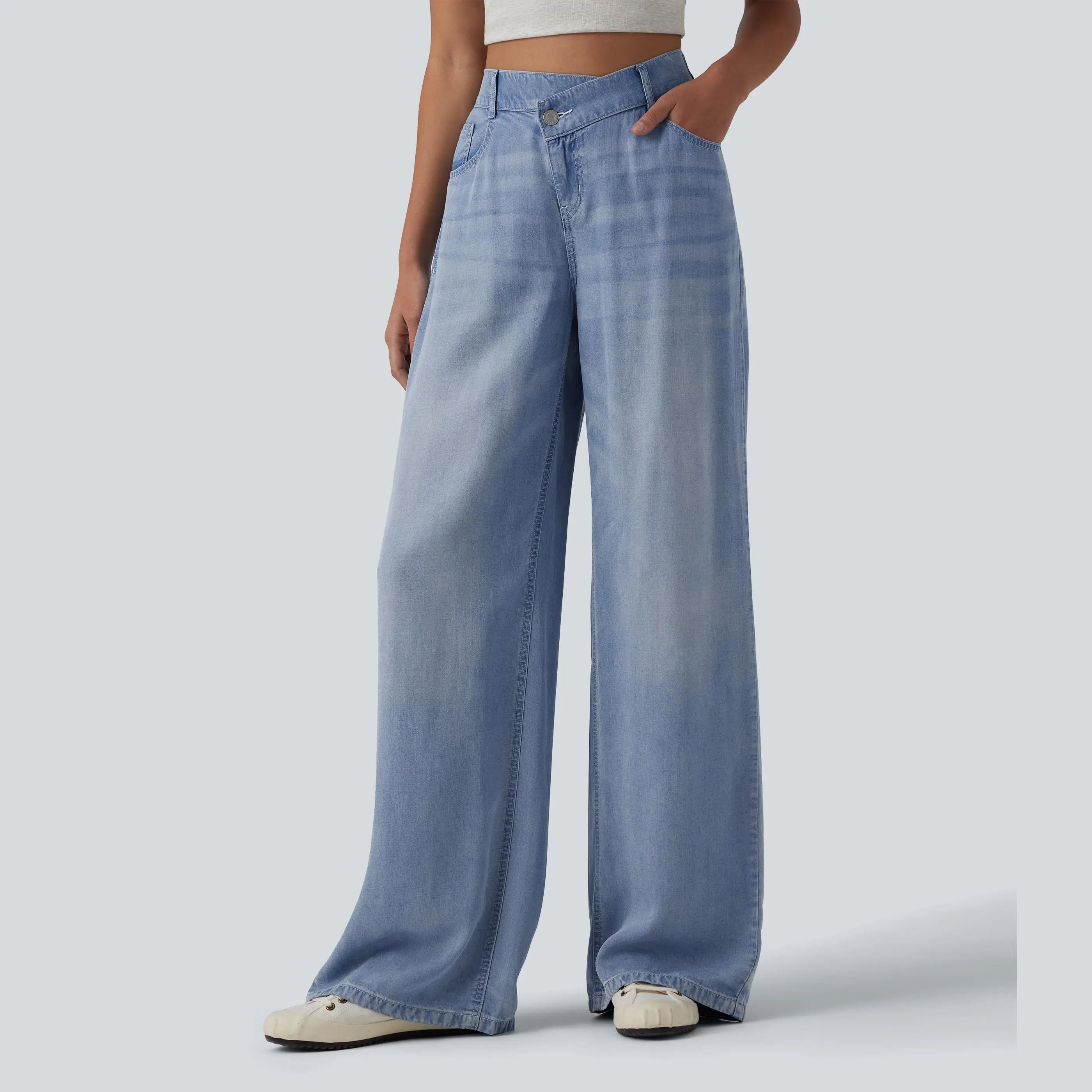 Halara Asymmetric Mid Rise Draped Wide Leg Casual Jeans with Pockets Halara Asymmetric Mid Rise Draped Wide Leg Casual Jeans with Pockets