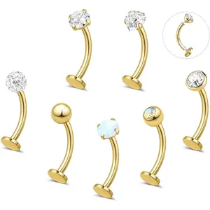 YADOCA 7PCS Floating Belly Button Ring for Women Hypoallergenic Surgical Stainless Steel Belly Rings Internally Threaded CZ Opal Long Bar Navel Barbell Flat Back Belly Piercing 12/14MM Silver Gold