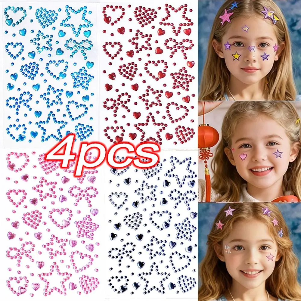 4pcs/set Sparkling Bow Star Heart Diamond Face Stickers 15*9cm Blue/Red/Pink Self-Adhesive Gems Body Face Rhinestones Tattoos