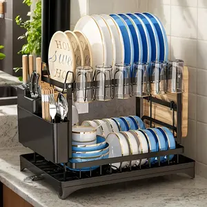 2 Tier Large Dish Drying Rack for Kitchen Counter – Dish Drainer with Utensil Holder, Knife Slot, Glass Holder & Drip Tray | Black Dish Rack Organizer for Plates, Bowls & Cups