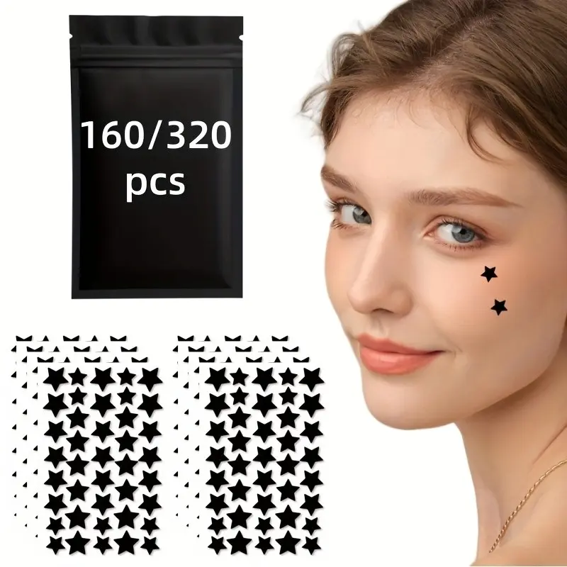 160/320pcs Black Star Acne Patch Set, Acne Pimple Patches, Covers Blemishes & Spots with Star Shape Stickers, Multi-Size Mix, Smooth Invisible Finish, Minimal Dark Aesthetic, Blemish Barrier Patches