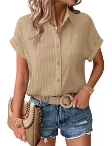 zeagoo Womens Button Down Shirts Casual Short Sleeve Dress Shirt Textured Collared Summer Work Blouse summerwins