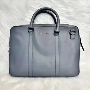 Pre-owned BURBERRY Dark Grey Cross Grain Leather Briefcase Metal Logo Plate Dual Top Handles Detachable Shoulder Strap
