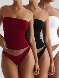 Women's Solid Color Tie Shoulder Bikini Top, Casual Fashion Chic Swimsuit Top for Beach Holiday Vacation, Ladies Swimwear for Summer, Bandeau Bikini