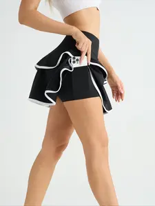 Sporty Women's Colorblock 2 in 1 Ruffle Trim Sports Skort, Workout Skirts, Sporty Breathable Skorts, Casual Comfy Breathable Skort for Gym Workout Running, Ladies Sportswear for Summer