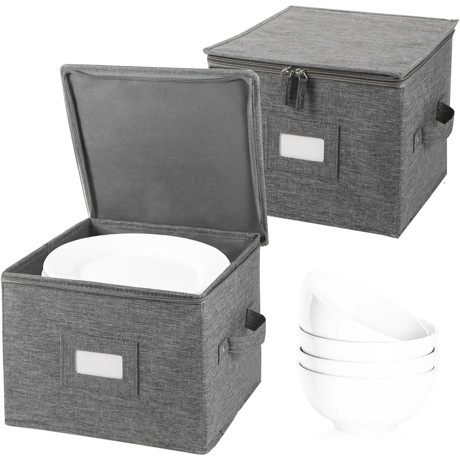 Storage Container for Bowls or Dessert Plates, 8.5" W x 6" H Plate Storage Case with 24 Felt Dividers, Hard Shell and Stackable (2 Pack Grey)