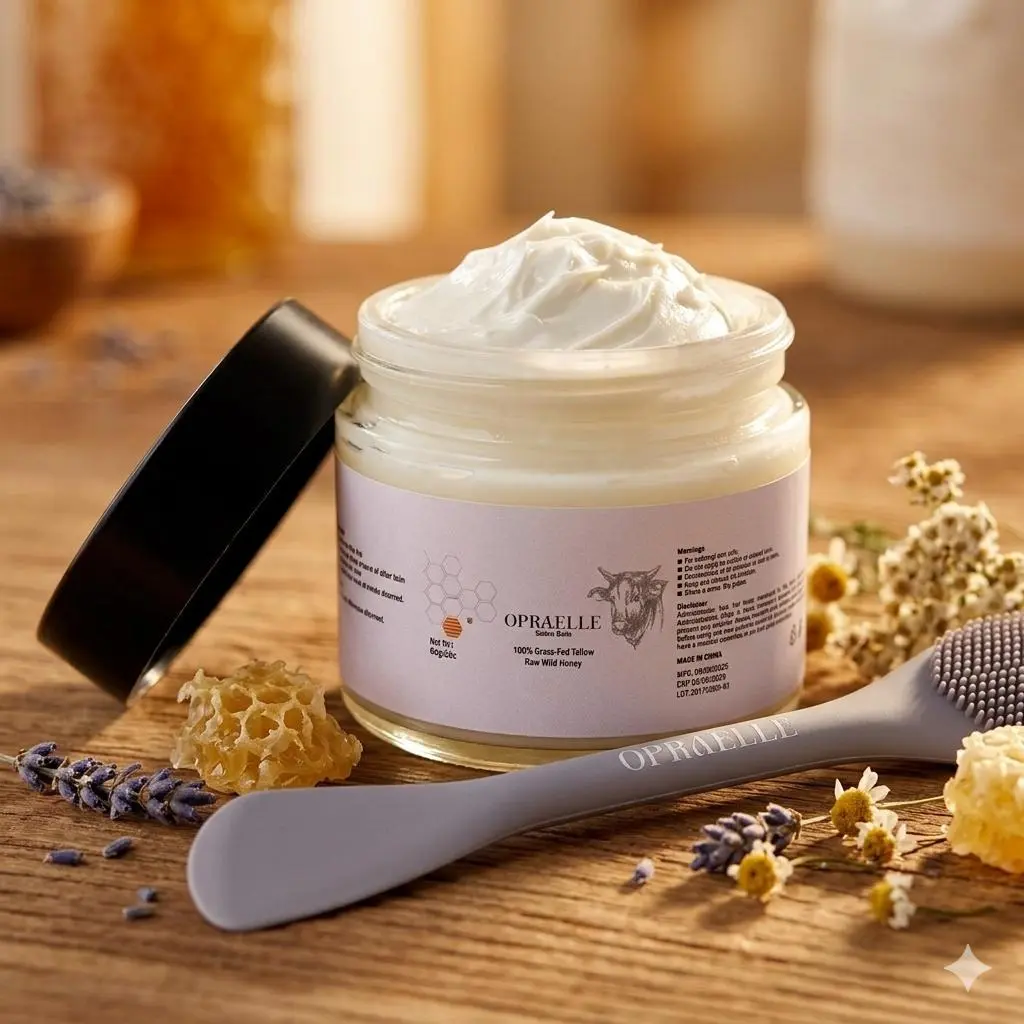 Opraelle Whipped Grass-Fed Beef Tallow & Raw Honey Balm - Organic Daily Moisturizer, Single Item for Dry, Sensitive, Normal Skin, All-Natural 4oz Body Cream, Smooth, Beef Tallow For Skin, Soft Skin