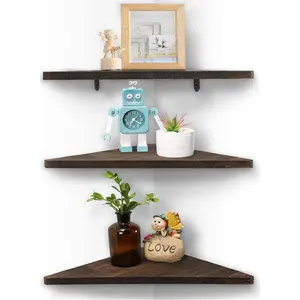 Corner Wall Shelf Set of 3, Floating Corner Shelves, Rustic  Wall Storage Display Shelves for Living Room, Bedroom, Bathroom, Kitchen (Dark Brown)