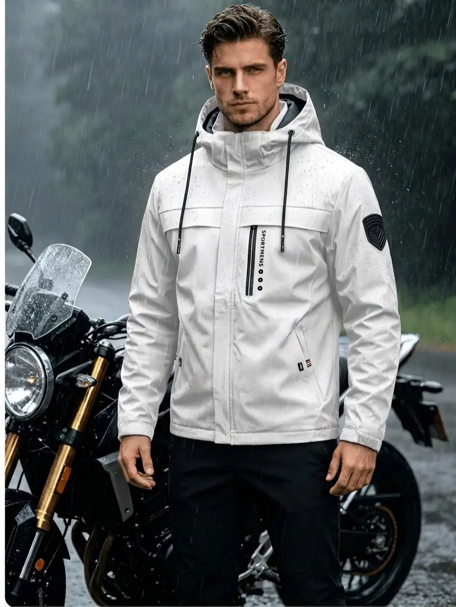 Men's Mock Neck Fitted Hooded Waterproof Windproof Motorcycle Jacket with Zip Pockets, All Seasons, All-Terrain All-Weather Allseason Men's Trench & Rain Coats, Sizes XS-3XL, for Outdoor Riding Hiking, Casual, All-Terrain All-Weather Men's Trench & Rain C