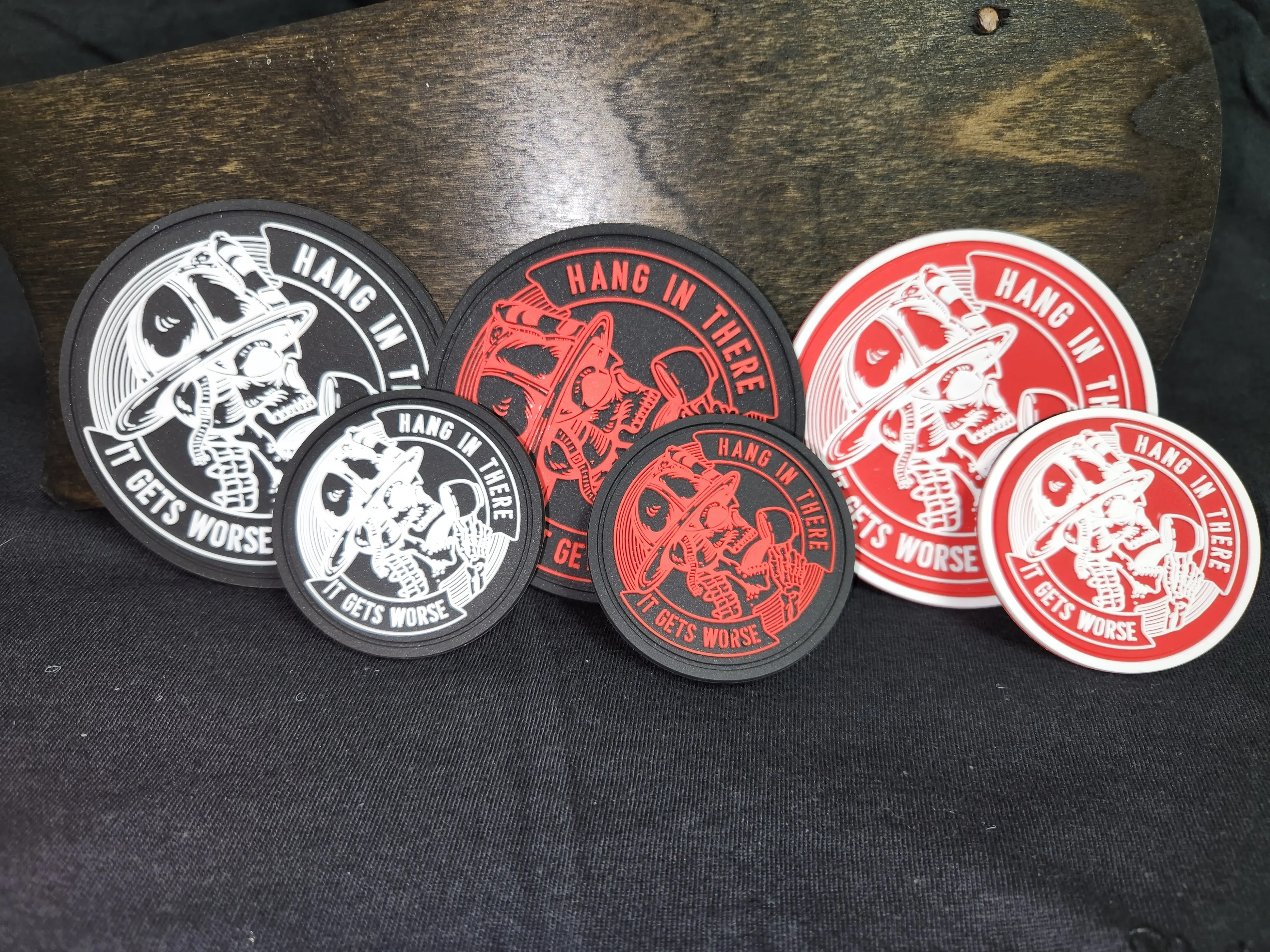 Firefighter Morale Embroidery Patch - "Hang in There, It Gets Worse" Dark Humor, 2 Sizes (3x3 in, 2x2 in), Available in 3 Colors, Back-to-Back Calls, Battle-Worn Skeleton, Long Shifts, Turnout Gear Fit for Firefighters' Bags, Jackets