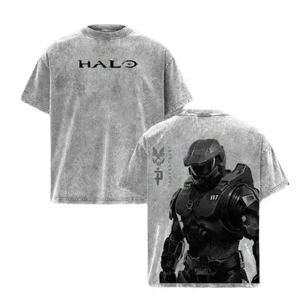 Vintage Washed Halo Master Chief 117 Double Sided Tee HALO Logo Front Print UNSC Master Chief Spartan Graphic Oversized Light Grey Acid Wash Gaming Casual Tee
