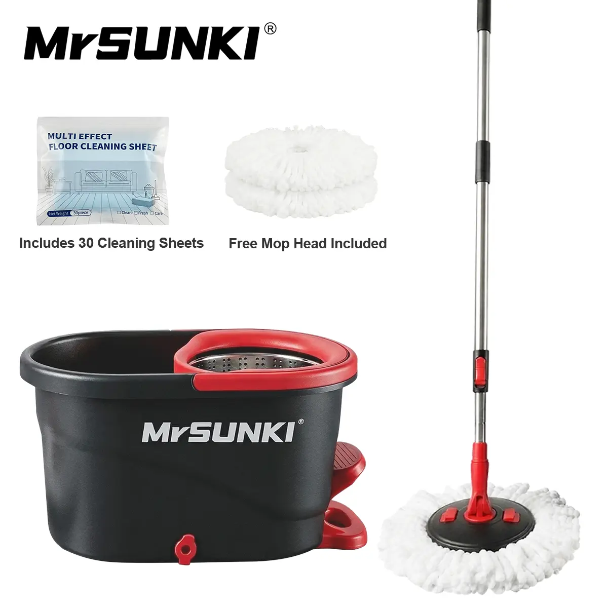 MrSUNKI Bucket Set with Foot Pedal and Spin Mop, 5L Large Capacity Stainless Steel Wringer System, 60" Extendable No-Bending Handle, Hands-Free Mop Head Replacement, Includes 3 Refills & 30 Cleaning Sheets, Polyester, Sturdy