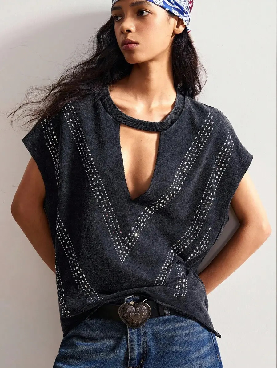 Women's Casual Lock Collar Rhinestone Decor Fashion T-Shirt Western Wear Women Tops Rhinestone Top