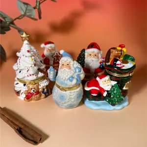 Trinket box Christmas Themed Collection - Hand Painted Porcelain, Cute Vintage Hinged Ceramic Jewelry container.