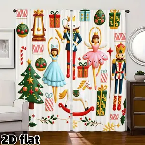 2D Flat 2Pcs Christmas Nutcracker Ballet Theme Printed Curtains, Festive Holiday Pattern with Gifts Rocking Horse Tree Decorations, Rod Pocket Design for Living Room Bedroom Window Treatment, Holiday Home Decor Privacy Protection