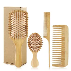 Bamboo Detangling Hair Brush & Comb Set, Hair Care Tool, 4 Counts Natural Handmade Hair Styling Tool for Women & Men, Professional Heatless Styling Tools for Home & Salon Use