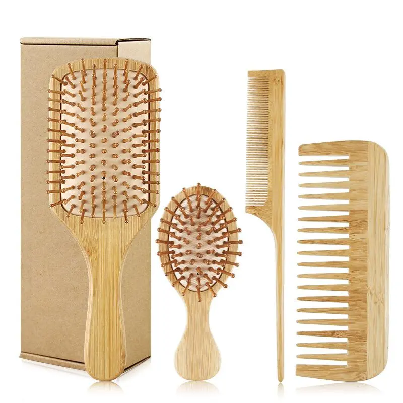 Bamboo Detangling Hair Brush & Comb Set, Hair Care Tool, 4 Counts Natural Handmade Hair Styling Tool for Women & Men, Professional Heatless Styling Tools for Home & Salon Use