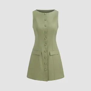 Cider [size 0-10] Linen-blend Boat Neckline Solid Button Mini Dress