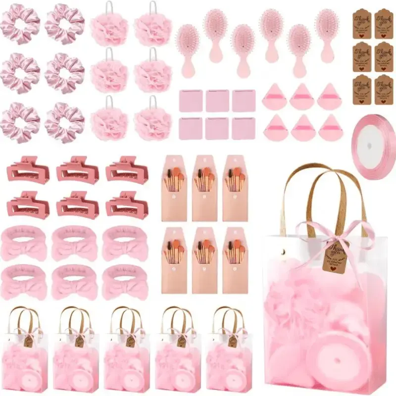 6-Set Baby Shower Packaged Party Gifts for Winners, Including Headbands, Hair Brushes, Compact Mirrors, Bath Sponges, Powder Puffs, Hair Ties, Claw Clips, Makeup Brushes – Creative Festive Party Favors, Makeup Travel Bag