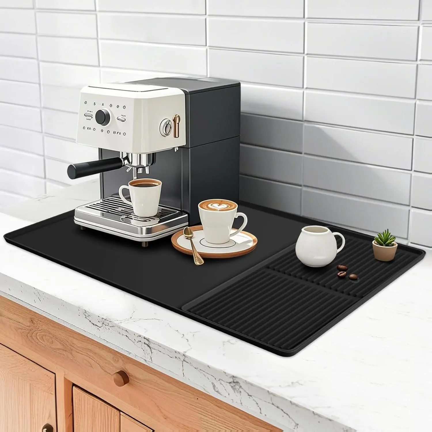 BPA-Free Durable Rectangle Silicone Coffee Mat (24x16 in) with Removable Dish Drying Mat, Non-Slip Black Coaster for Kitchen Countertops Under Coffee Maker & Ice Maker, Spill Protection & Easy Cleaning