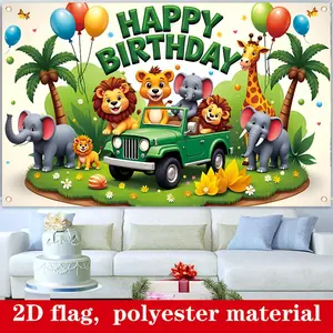 Jungle Safari Summervibes Birthday Banner, 1pc 2D Flat Durable Polyester Banner (179.83cm x 109.98cm) with Lions, Elephants, Giraffes, Ideal for Indoor-Outdoor Party Decor
