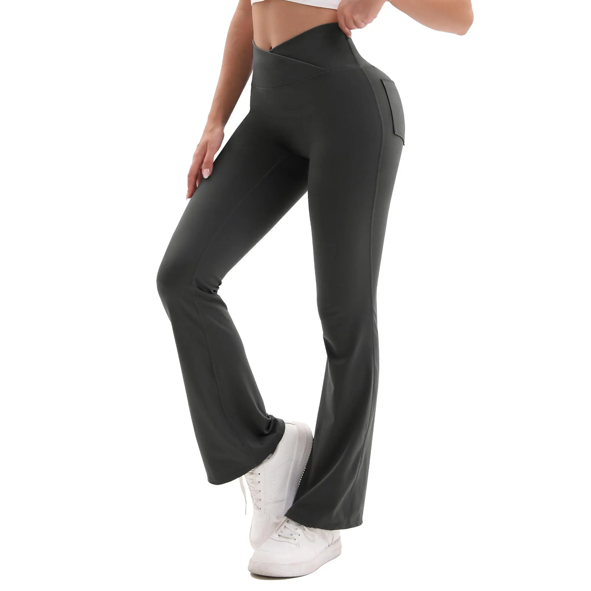 Women's Cross Waist Flared Leggings with Pockets Women's Flared Sweatpants Fitness Leggings Butt Lifting Fitness Yoga Leggings Track Pants Grey Sweatpants Women Streetwear Exercise Pants Activewear Outdoor