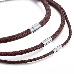 Man-made Leather Necklace Choker Black Brown Braided Rope Chain for Men Stainless Steel Magnetic Clasp Male Jewelry