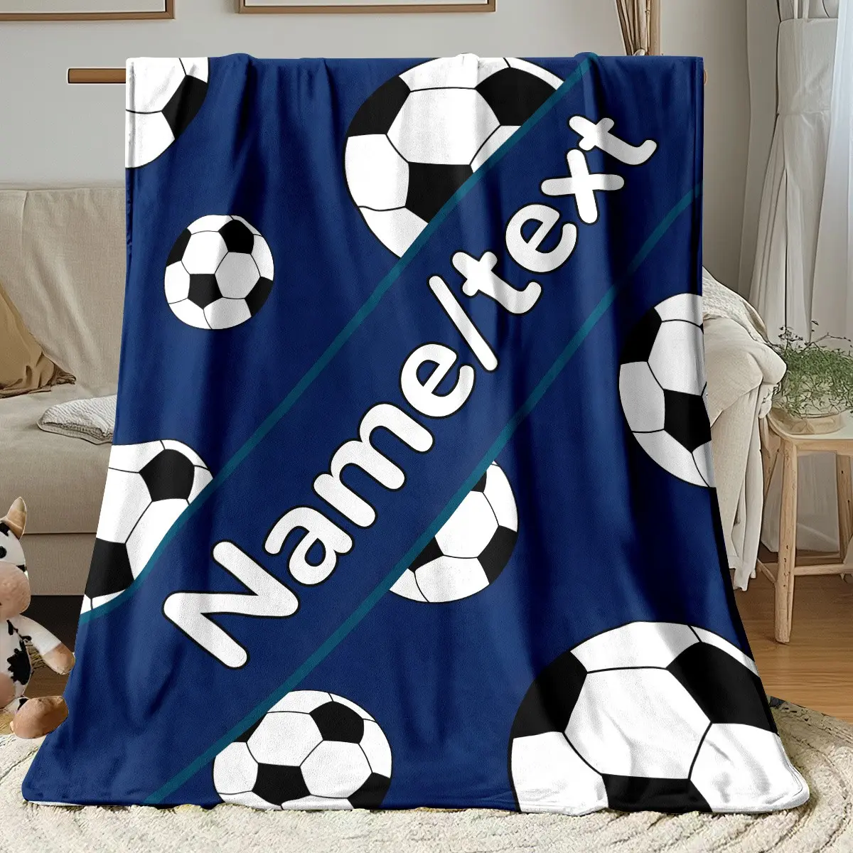 Glam Customizable Soccer-Themed Flannel Blanket - Soft, Lightweight Throw with Custom Name Print, Football Design for Sports Fans