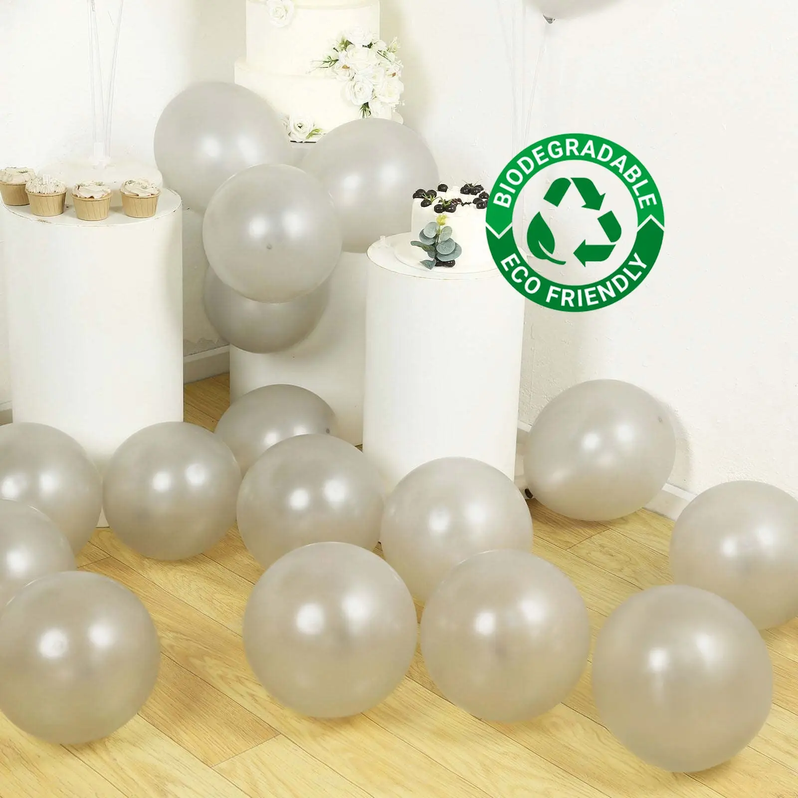 12" Silver Metallic Latex Balloons Set, 50-Pack Extra-Strong Thickened Hangable Biodegradable Eco-Friendly Helium Balloons for Weddings, Birthday & Festive Party Supplies