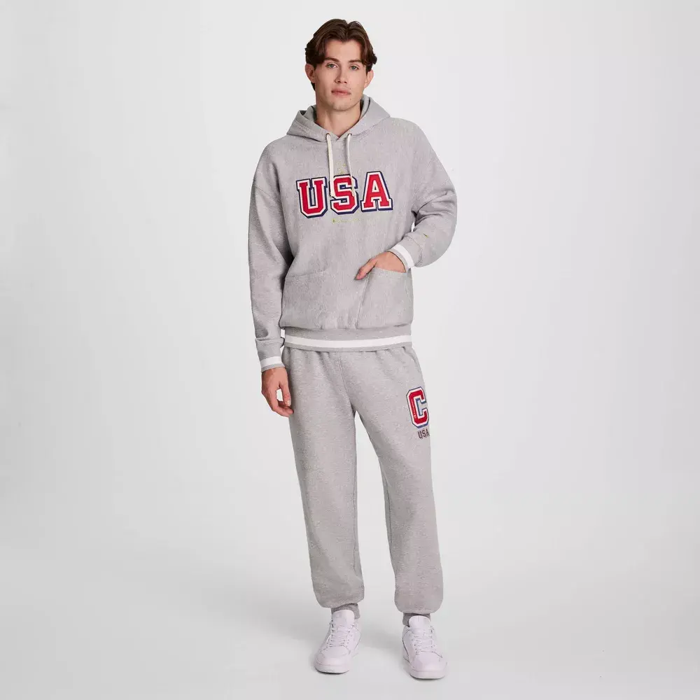 Champion Men's Classic Fit Pullover Hoodie in Midweight Cotton Polyester Fleece Fabric with USA Star Applique and Ribbed Trims