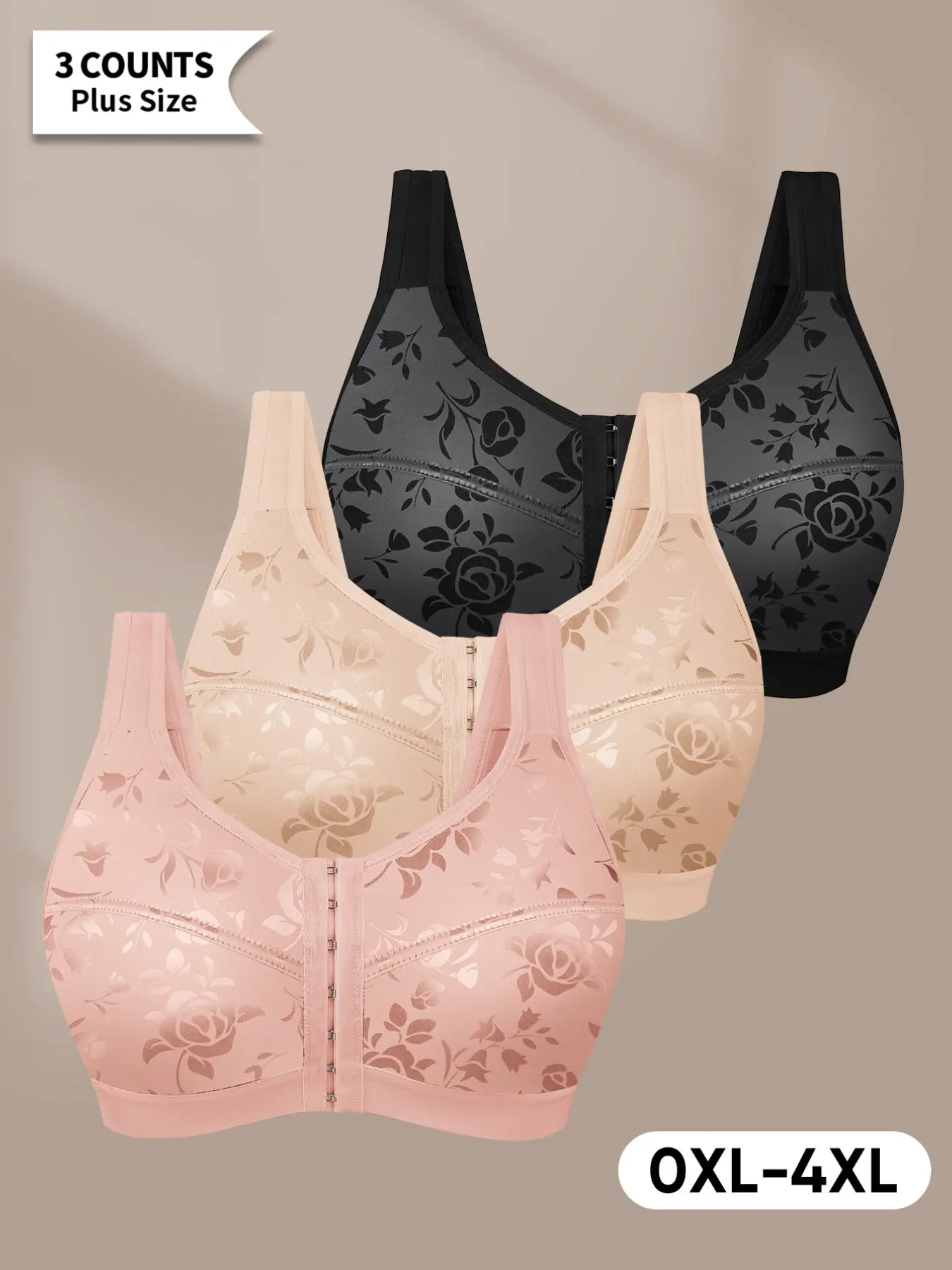 3-Pack Morelect Plus Size Casual Front Buckle Bras, Breathable Cups, Jacquard Pattern, Sizes 0xl-4xl, Boost Confidence, Beauty and Elegance