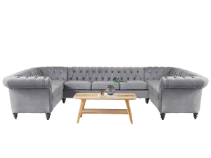 Giratree Furniture U Shaped Large Sectional Couch, Chesterfield Velvet Sofa Tufted Accent Sofa with Scroll Arms and Nailhead for Living Room, Office