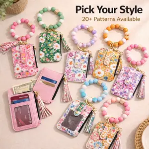 Boho Beaded Keychain Wallet Wristlet, Small Credit Card Holder with Tassel Bracelet Key Ring, Multiple Patterns, Pick Your Style, Cute Mini Wallet for Women & Gifts