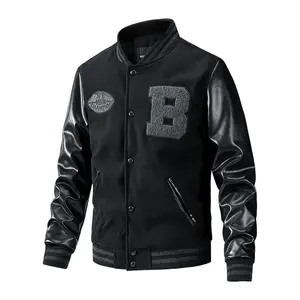 Varsity jacket with front pocket buttons, featuring a letter "B" and leather sleeves; medium size, classic style for casual outings