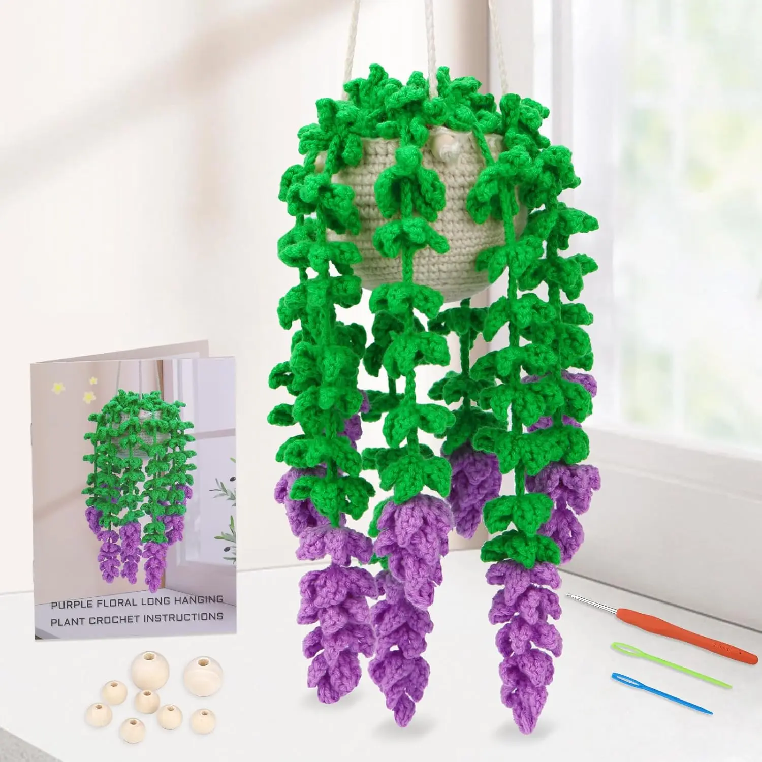 P-ITC0105   Beginners Crochet Kit, Amigurumi Crochet Starter Kits w Step-by-Step Video Tutorials, Hanging Potted Plants Knitting Starter Pack for Beginners Decoration, Wisteria Flower (40%+ Yarn)