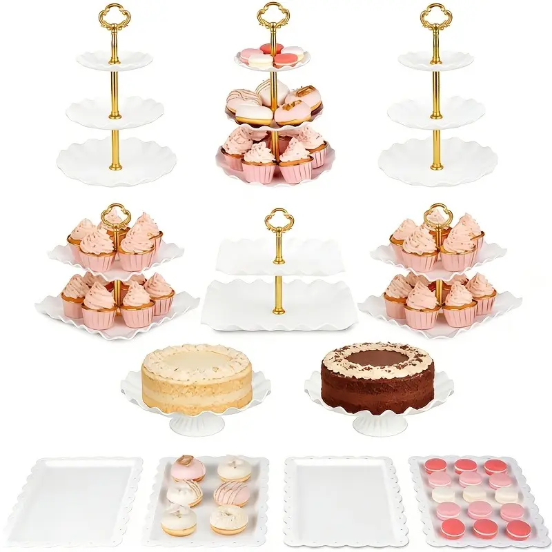 12Pcs Plastic Multi-Tiered Stand Cake Carriers Set - 3-Tier & 2-Tier Dessert Stands, Serving Holder for Birthday Party Cookie Candy Decoration