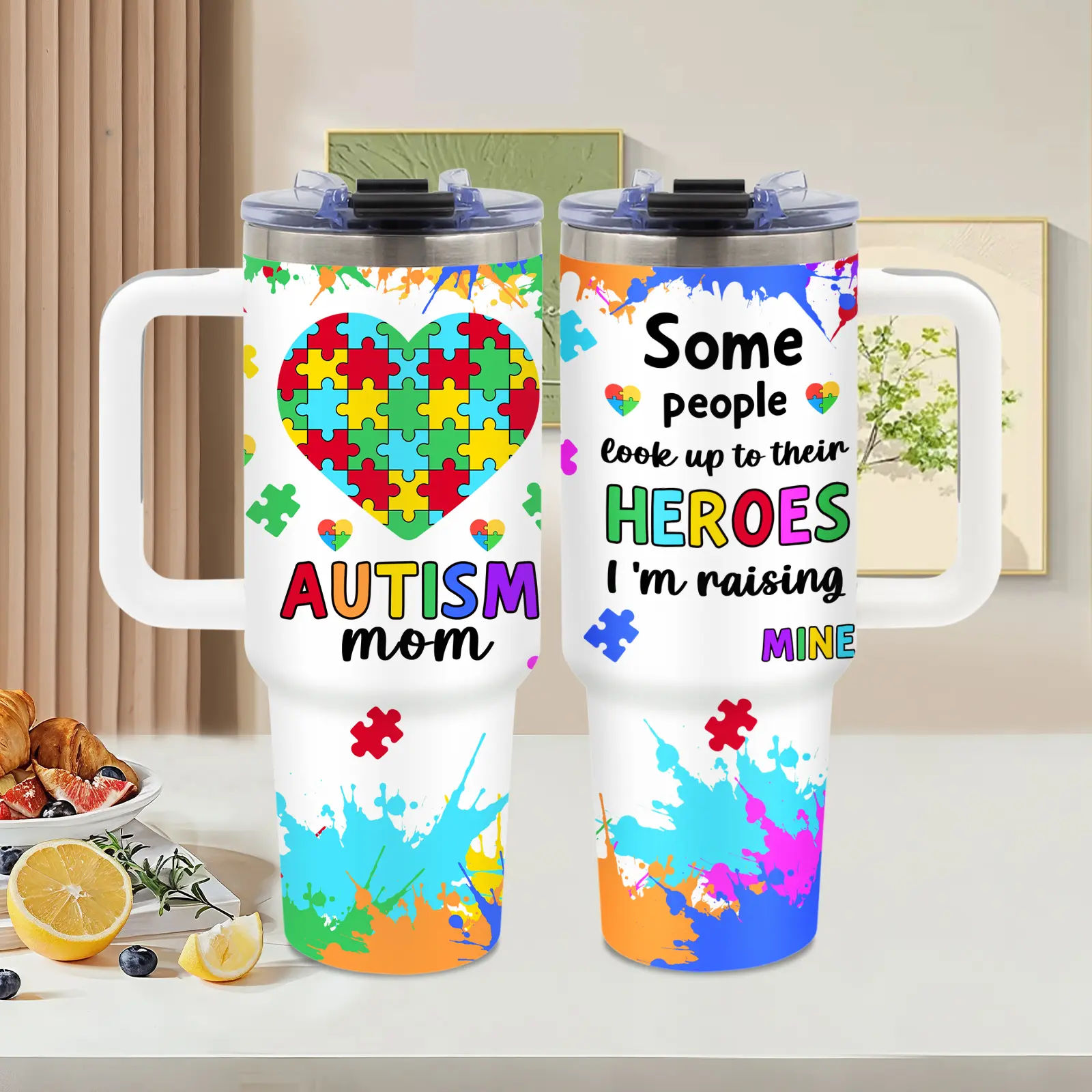 Autism Awareness， 40oz tumbler with handle， Summer Ice Stainless Steel Vacuum Insulated Travel Mug， Colorful Puzzle Heart design， Autism Lover Gift， for office and travel， Autism Awareness Day， Water Bottle， Tumbler Gift for Women and Men